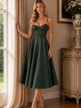 NWOT HOUSE OF CB Mademoiselle Forest Green Satin Tulle Midi Dress XS Bridesmaid